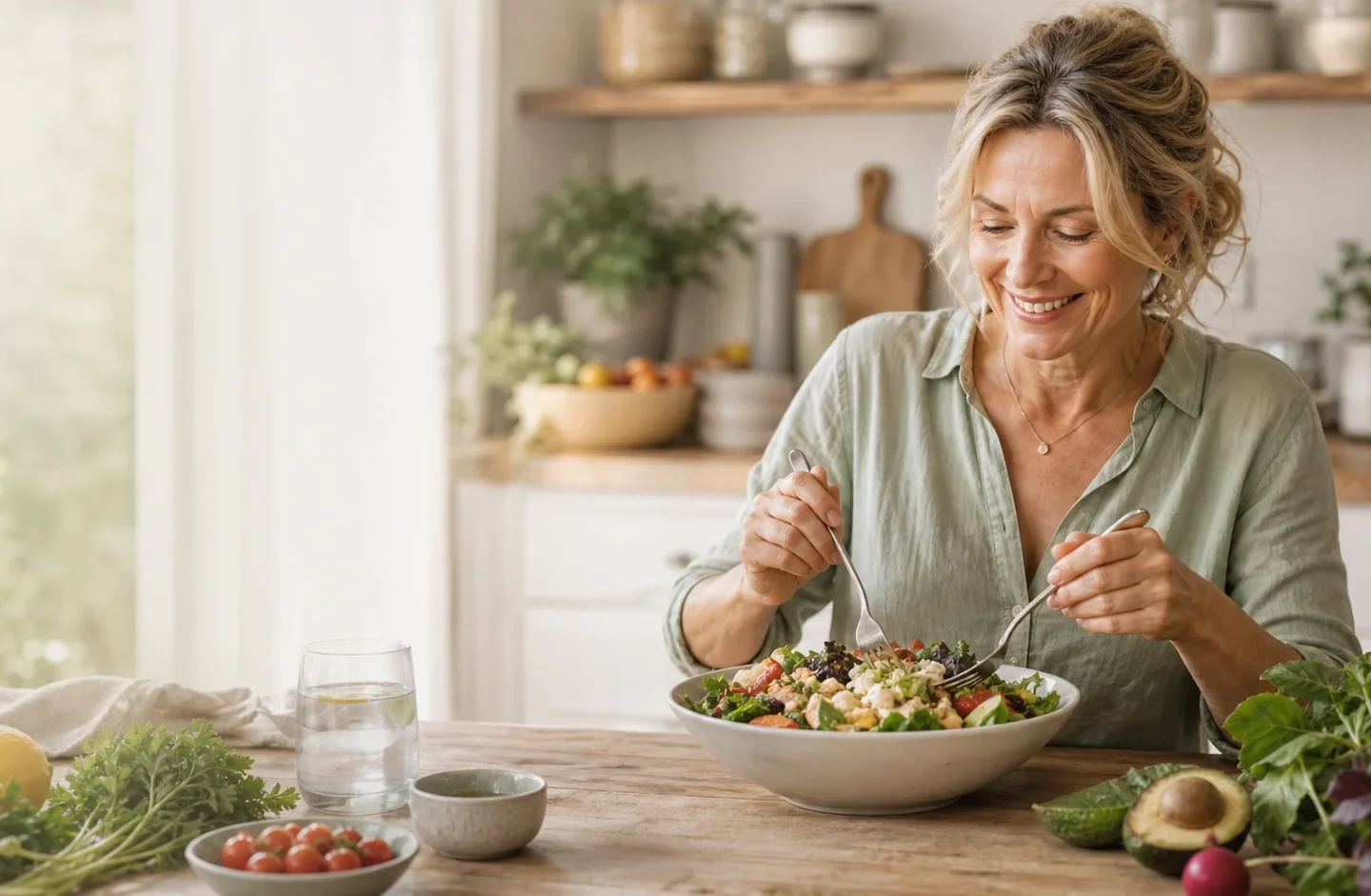 Femme préparant une salade équilibrée dans une cuisine lumineuse.