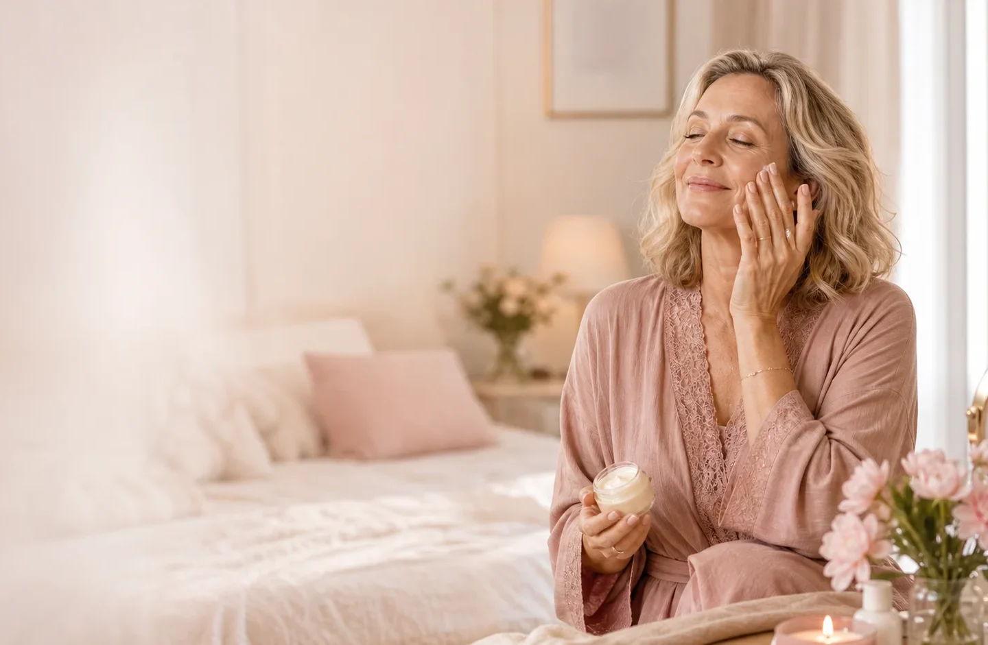 Femme prenant soin de sa peau dans une chambre lumineuse.