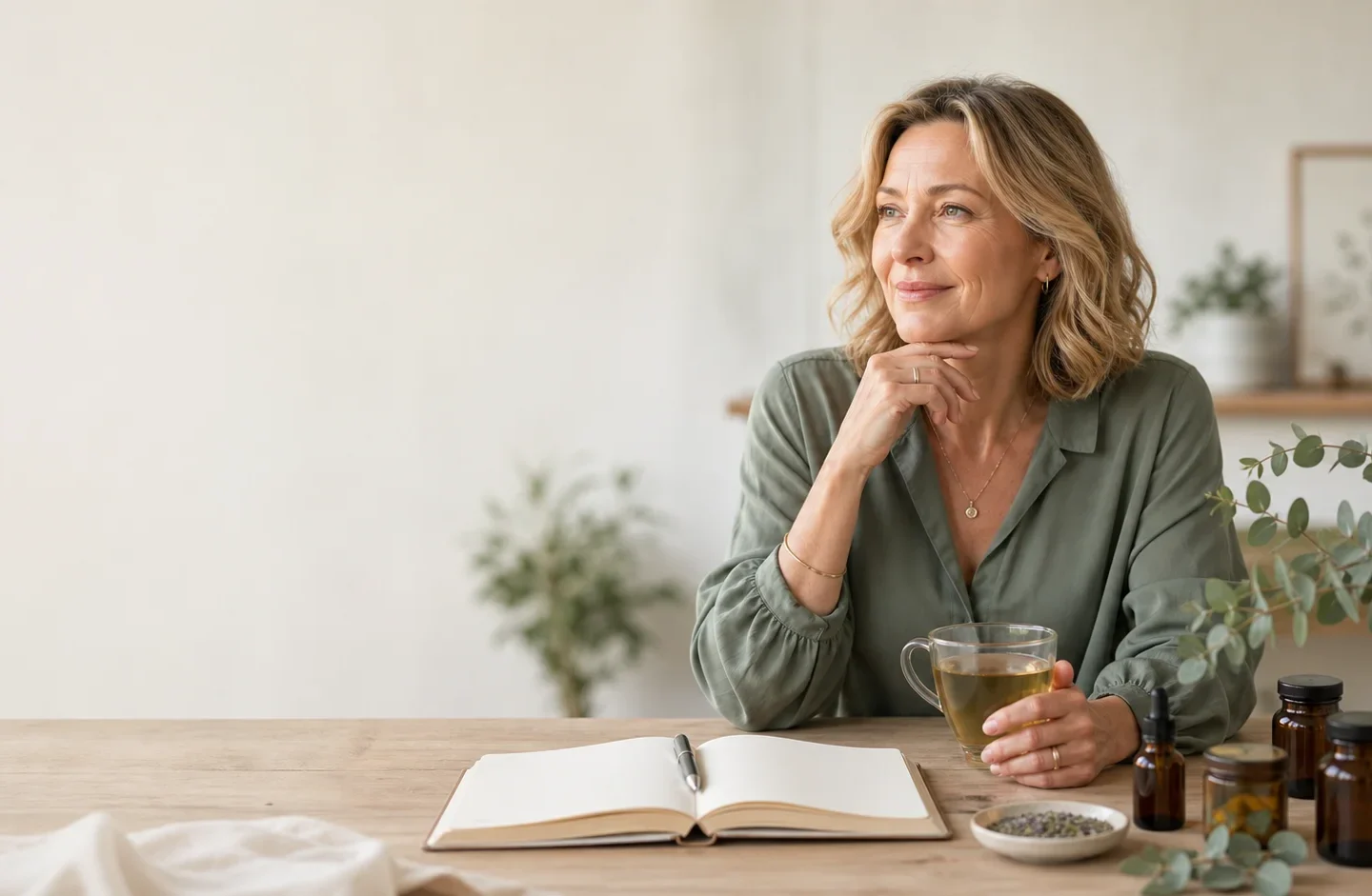 Femme réfléchissant à ses options autour d’une infusion et d’un carnet.